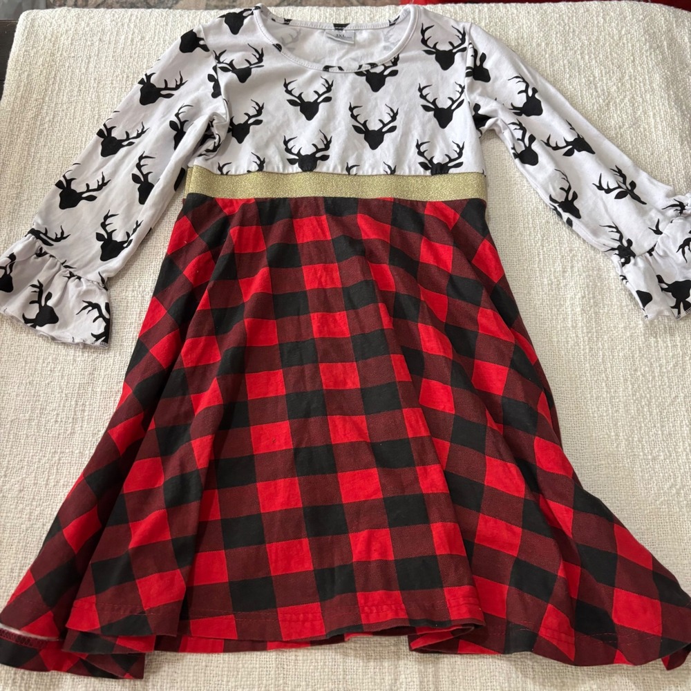 Girls Holiday Dress Reindeer Buffalo Plaid Gold Glitter Waist Red Black 2XL